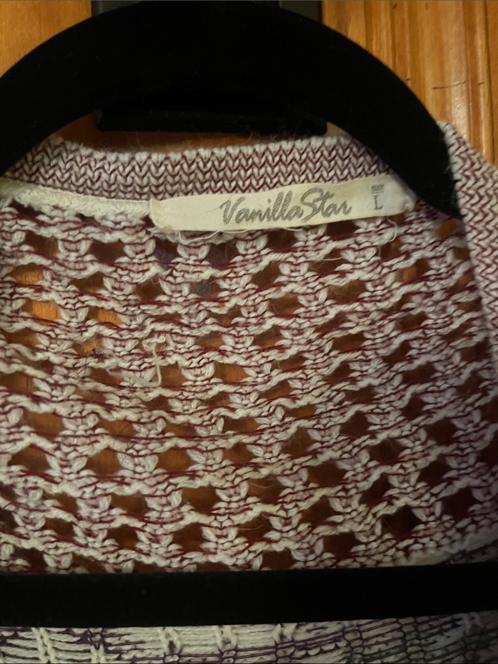 Vanilla Star Open Weave Cardigan in White and Burgundy